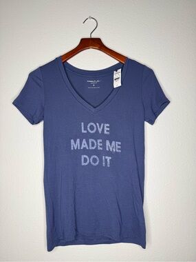 Express Blue V-Neck Tee with "LOVE MADE ME DO IT" Graphic